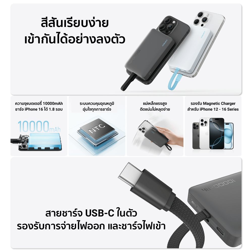 แบตเตอร์รี่สำรอง CUKTECH AURA WPB100L สีดำ 10000 MAH (รองรับเทคโนโลยีชาร์จไร้สาย)